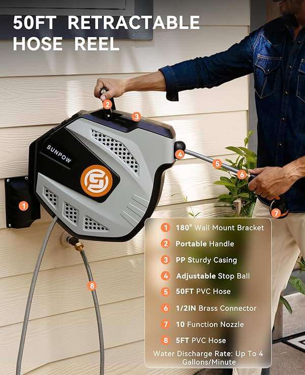 SUNPOW Retractable Garden Hose Reel - 1/2 inch x 50ft Heavy Duty Wall Mounted Hose Reel with 3/4 inch Brass Fitting & 10 Sprayer Nozzle - Any Length Lock, Auto Rewind System, 180°Swivel Bracket- Grey - Image 4