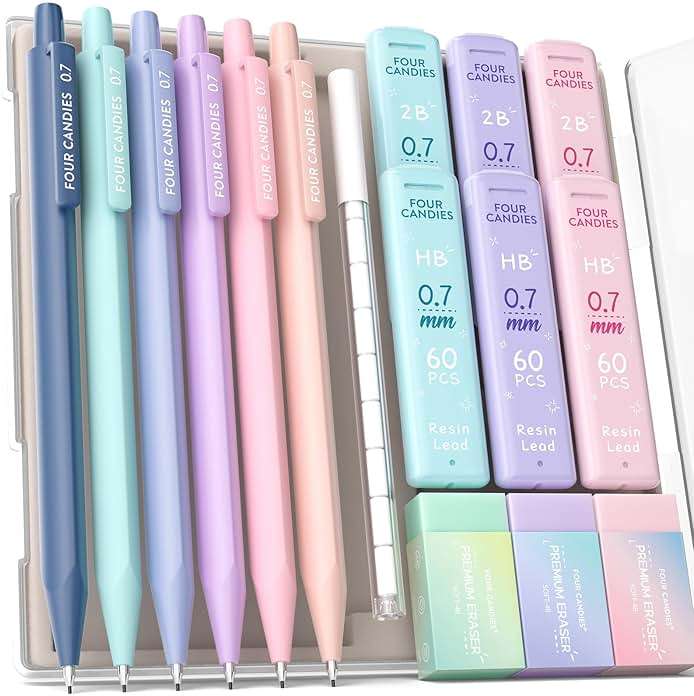 Four Candies 6PCS Cute Mechanical Pencil Set with 372 Leads & Erasers, 0.7mm Medium Point, Pencils Mechanical with 360PCS (HB & 2B) Lead Refills & 12PCS Erasers & Storage Case for Writing & Drawing - Image 1