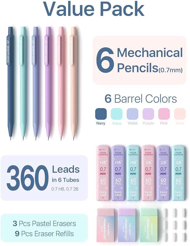 Four Candies 6PCS Cute Mechanical Pencil Set with 372 Leads & Erasers, 0.7mm Medium Point, Pencils Mechanical with 360PCS (HB & 2B) Lead Refills & 12PCS Erasers & Storage Case for Writing & Drawing - Image 6