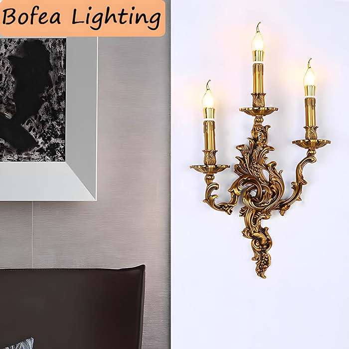 Bofea- Mid Century Retro Wall Sconces,Brass 3-Light Fireplace Lamp,Farmhouse Gold Candle Sconces,Art Deco Wall Mounted Lamp for Bedroom Living Room Foyer - Image 2