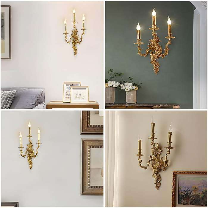 Bofea- Mid Century Retro Wall Sconces,Brass 3-Light Fireplace Lamp,Farmhouse Gold Candle Sconces,Art Deco Wall Mounted Lamp for Bedroom Living Room Foyer - Image 6