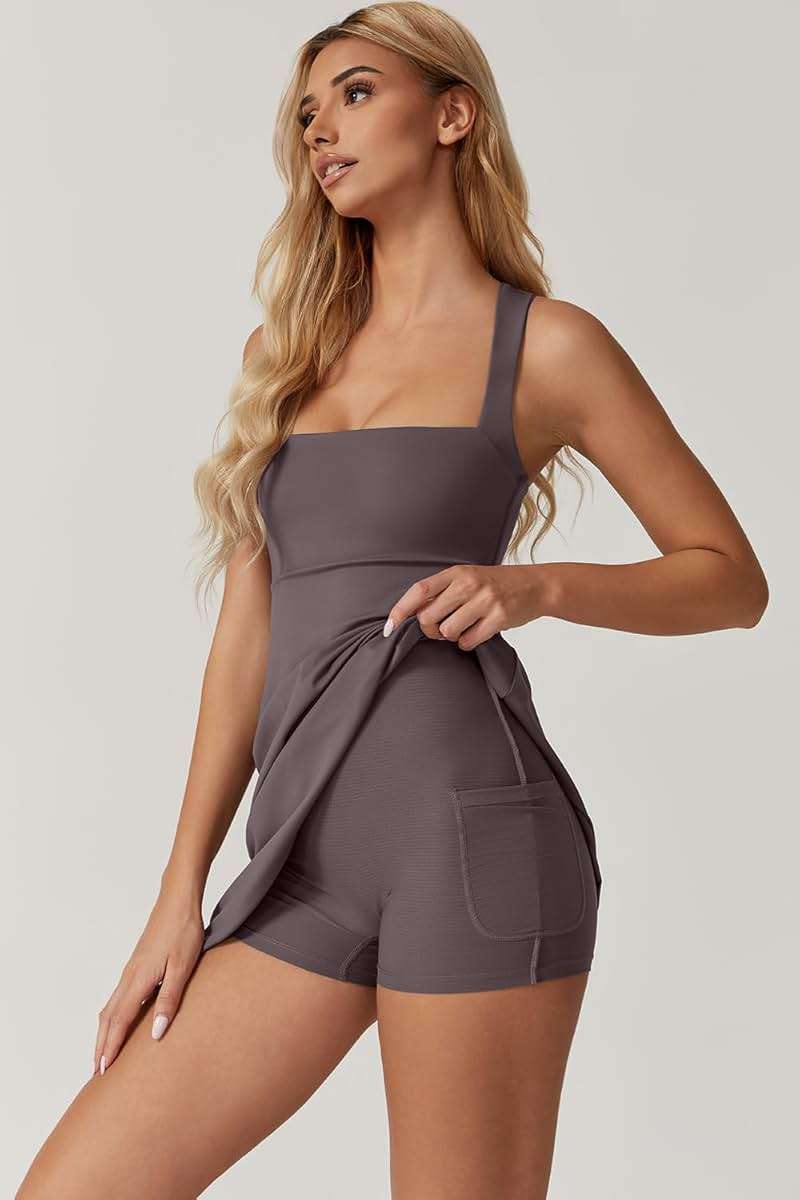QINSEN Womens Square Neck Tennis Dress Sleeveless Built in Shorts Golf Athletic Dress with Pockets - Image 3
