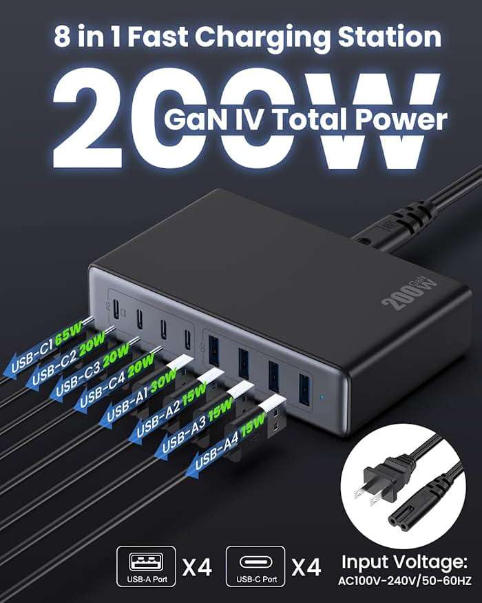 LanLuk 200W GaN IV 8-Port Charging Station with 65W USB-C PD Output and QC4.0, Compatible with MacBooks, Dell laptops, iPhones, iPads, and Steam Deck. - Image 2