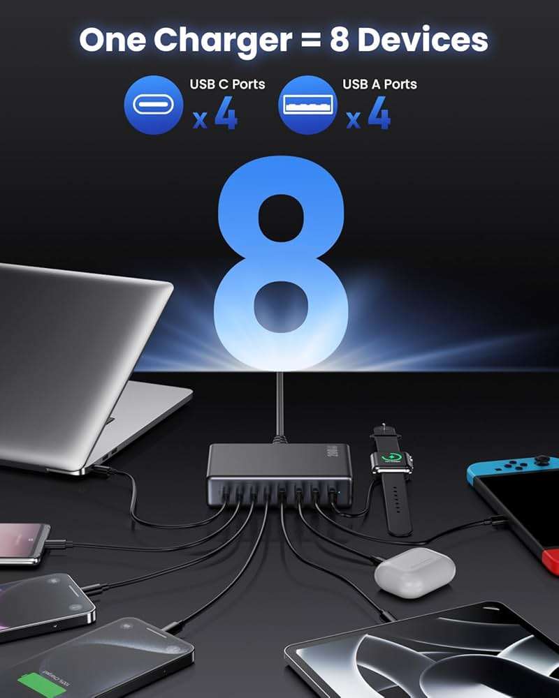 LanLuk 200W GaN IV 8-Port Charging Station with 65W USB-C PD Output and QC4.0, Compatible with MacBooks, Dell laptops, iPhones, iPads, and Steam Deck. - Image 4