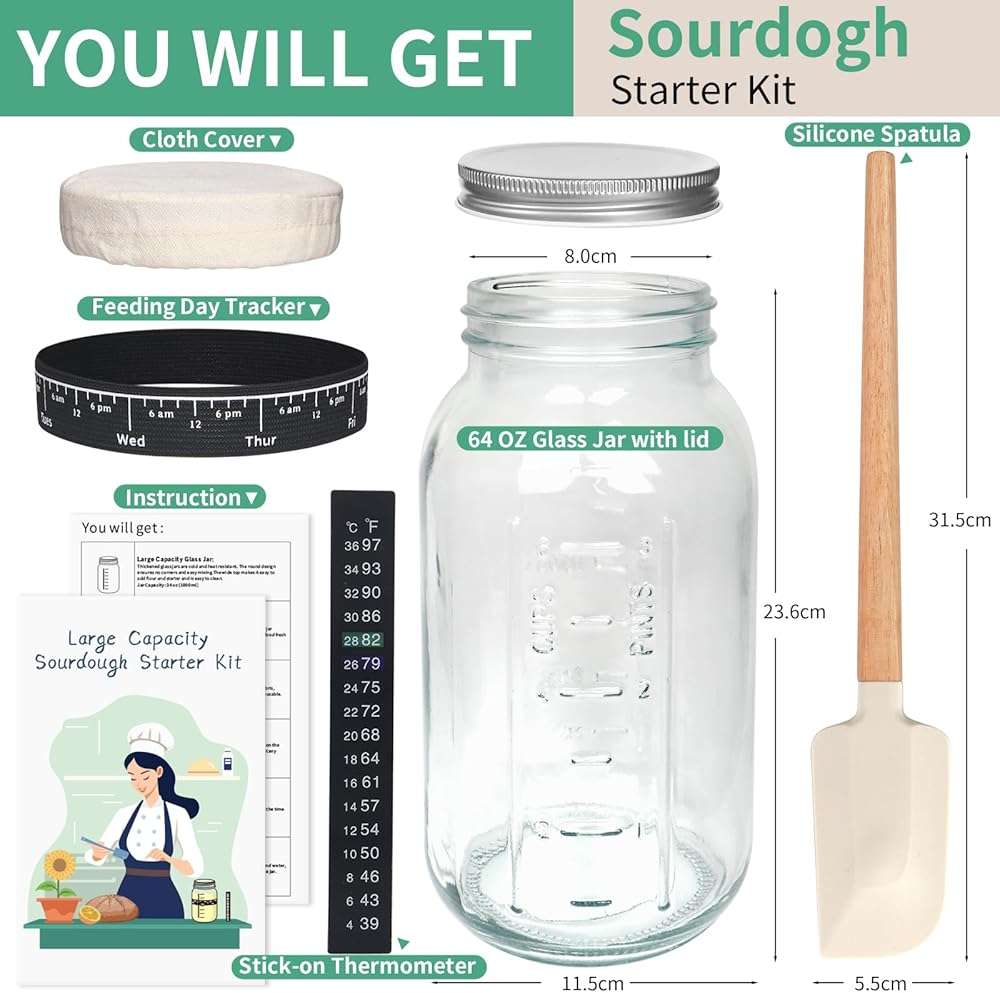TISEMENT 64oz Sourdough Starter Kit,Pro Extra Large Capacity Sourdough Starter Jar Glass with Silicone Spatula,Thermometer,Feeding Band,Great Sourdough Bread Baking Supplies & Baking Gifts for Women. - Image 3