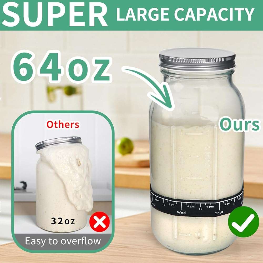 TISEMENT 64oz Sourdough Starter Kit,Pro Extra Large Capacity Sourdough Starter Jar Glass with Silicone Spatula,Thermometer,Feeding Band,Great Sourdough Bread Baking Supplies & Baking Gifts for Women. - Image 4