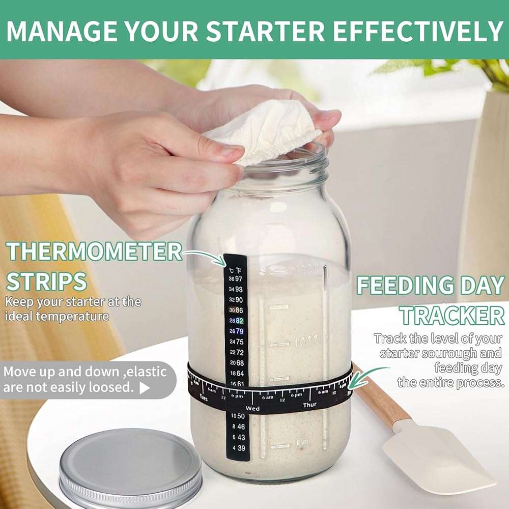 TISEMENT 64oz Sourdough Starter Kit,Pro Extra Large Capacity Sourdough Starter Jar Glass with Silicone Spatula,Thermometer,Feeding Band,Great Sourdough Bread Baking Supplies & Baking Gifts for Women. - Image 6