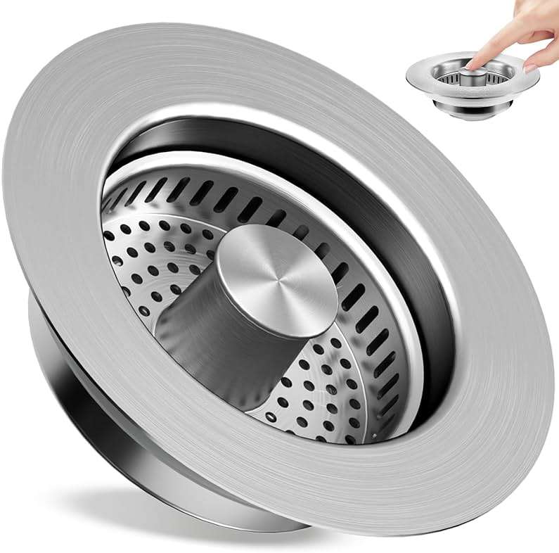 Sink Drain Strainer 3 in 1, 304 Stainless Steel Pop Up Kitchen Sink Stopper with Anti-Clogging Basket, Kitchen Essential Drain Anti-Clog Gadgets, Fits US Standard 3-1/2'' Sink Drain (SUS 304 Brushed) - Image 1