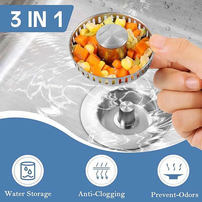 Sink Drain Strainer 3 in 1, 304 Stainless Steel Pop Up Kitchen Sink Stopper with Anti-Clogging Basket, Kitchen Essential Drain Anti-Clog Gadgets, Fits US Standard 3-1/2'' Sink Drain (SUS 304 Brushed) - Image 3