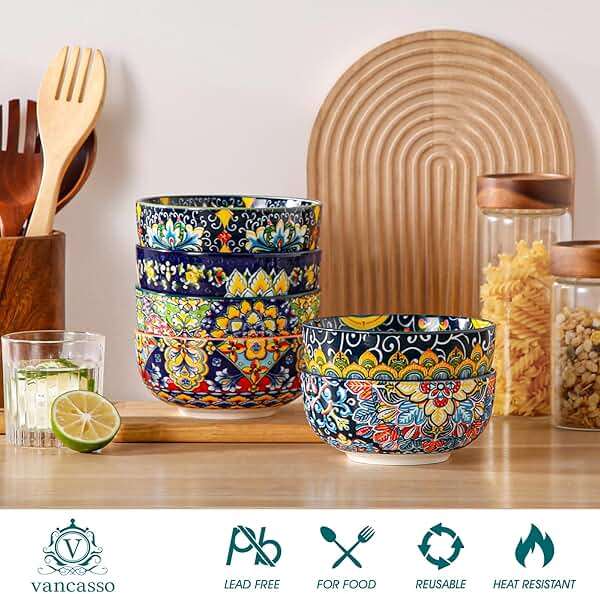 vancasso Cereal Bowls Set of 6, Bohemian Ceramic Soup Bowls, 28 oz Colorful Bowls Set for Kitchen, Dishwasher & Microwave Safe for Salad, Pasta, Rice, Oatmeal, Fruit - Image 2