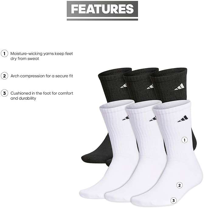 adidas Men's Athletic Cushioned Crew Socks (6 Pairs) Durable & Comfortable - Image 2