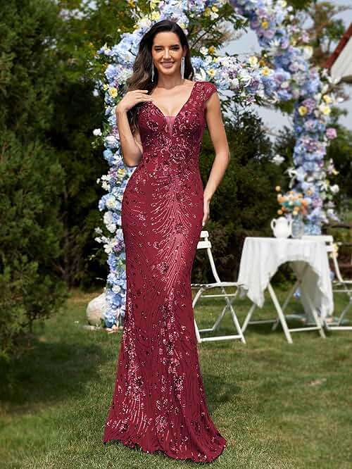 Womens Sequined Long Evening Gown Glamous Sleeveless V-Neck Mermaid Prom Dress for Wedding Party Club Occasions - Image 3
