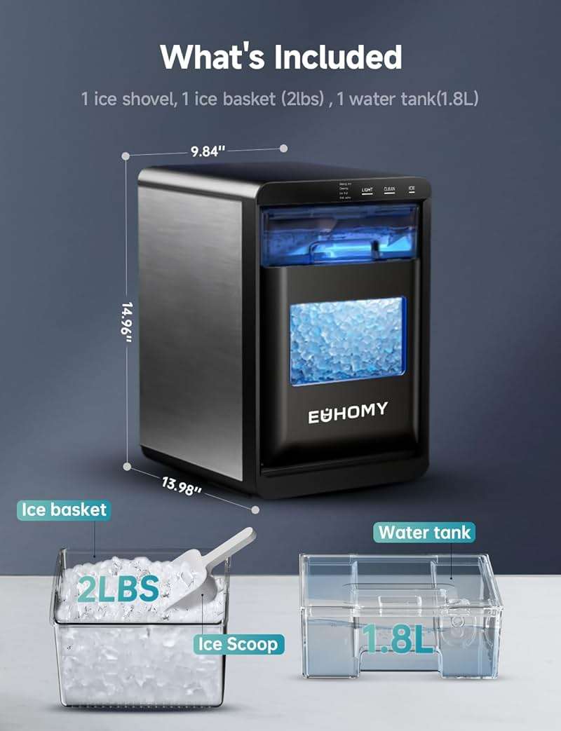 EUHOMY Nugget Ice Maker Countertop, 44Lbs/24H Pebble Ice Maker Machine, Self-Cleaning Pellet Ice Machine with Ice Scoop&Basket, Sonic Countertop Ice Machine for Home/Kitchen/Office(Black) - Image 2