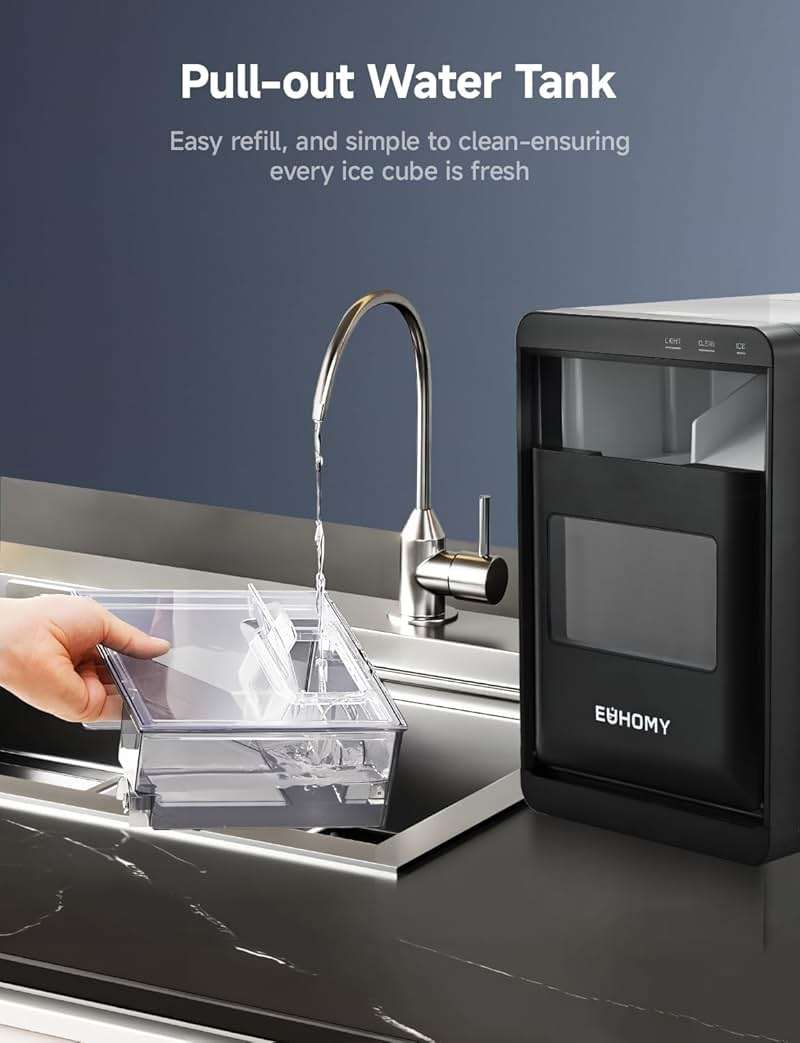 EUHOMY Nugget Ice Maker Countertop, 44Lbs/24H Pebble Ice Maker Machine, Self-Cleaning Pellet Ice Machine with Ice Scoop&Basket, Sonic Countertop Ice Machine for Home/Kitchen/Office(Black) - Image 7