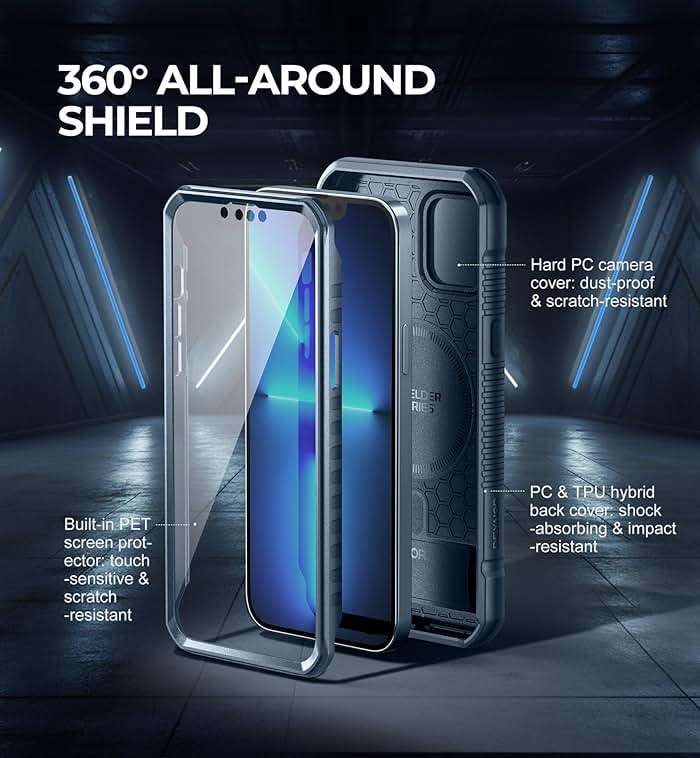 Dexnor for iPhone 13 Pro Max Case with Camera Cover, Compatible with MagSafe, Built-in Screen Protector, Heavy-Duty Shockproof Full-Body Rugged Protective Magnetic Cover with Kickstand, Blue - Image 7