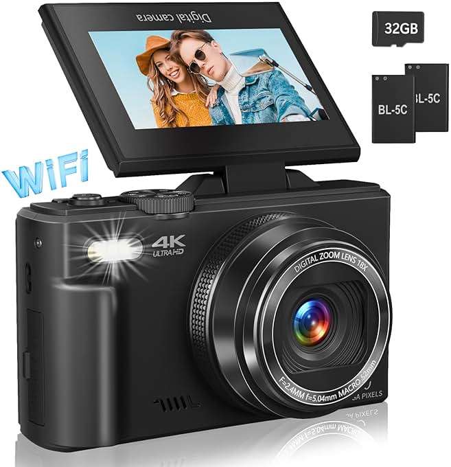 Digital Camera for Photography, 4K Vlogging Camera for YouTube 3" 180° Flip Screen 18X Digital Zoom Compact Retro Cameras with 32GB TF Card & 2 Batteries, Black - Image 1