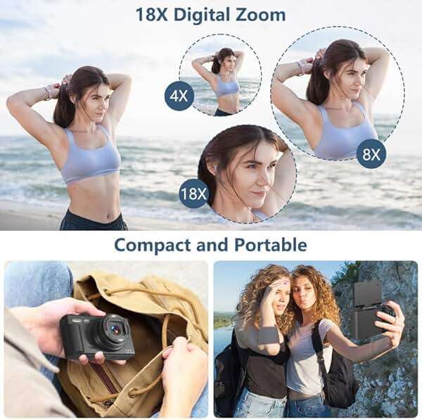 Digital Camera for Photography, 4K Vlogging Camera for YouTube 3" 180° Flip Screen 18X Digital Zoom Compact Retro Cameras with 32GB TF Card & 2 Batteries, Black - Image 6