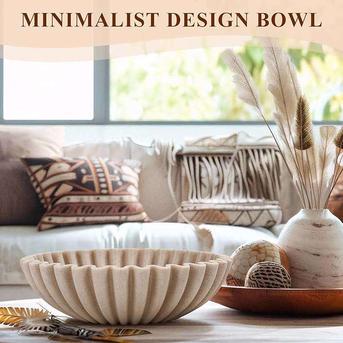 YMXYJM Large Decorative Bowl, Modern Handicraft Bowls for Home Decor, Fruit Bowl for Kitchen Counter, Ruffle Decor, Stylish Key Bowl for Entry Table, Artificial Stone Beige - Image 2