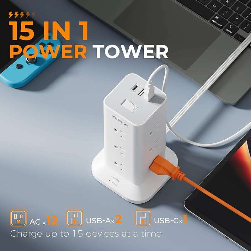 Power Strip Tower with Surge Protector, TESSAN Flat Plug Extension Cord 10 Ft with 12 AC Outlets with 3 USB Ports (1 USB C), Multiple Outlets for Home, Office Supplies, Dorm Room Essentials - Image 2