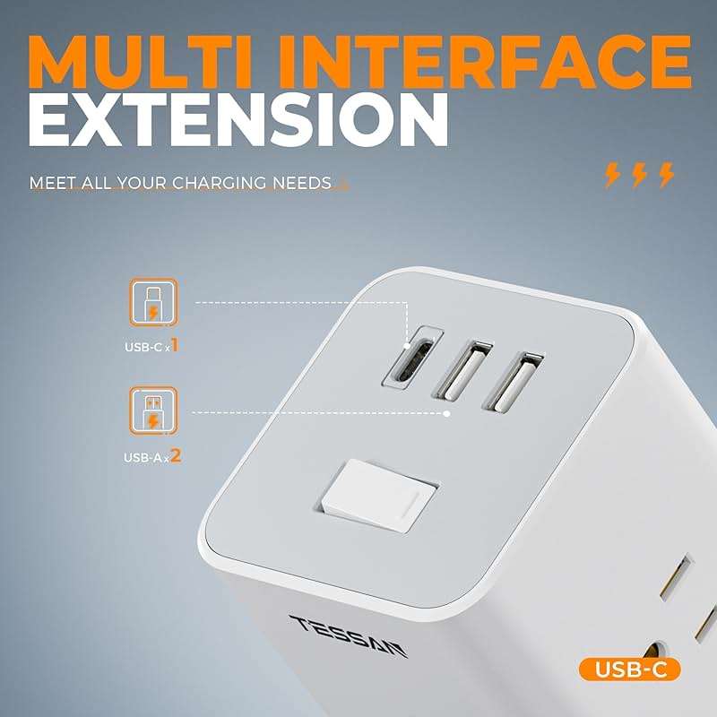 Power Strip Tower with Surge Protector, TESSAN Flat Plug Extension Cord 10 Ft with 12 AC Outlets with 3 USB Ports (1 USB C), Multiple Outlets for Home, Office Supplies, Dorm Room Essentials - Image 4