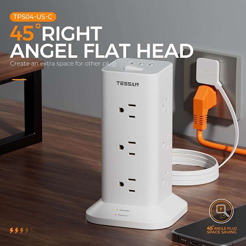 Power Strip Tower with Surge Protector, TESSAN Flat Plug Extension Cord 10 Ft with 12 AC Outlets with 3 USB Ports (1 USB C), Multiple Outlets for Home, Office Supplies, Dorm Room Essentials - Image 7