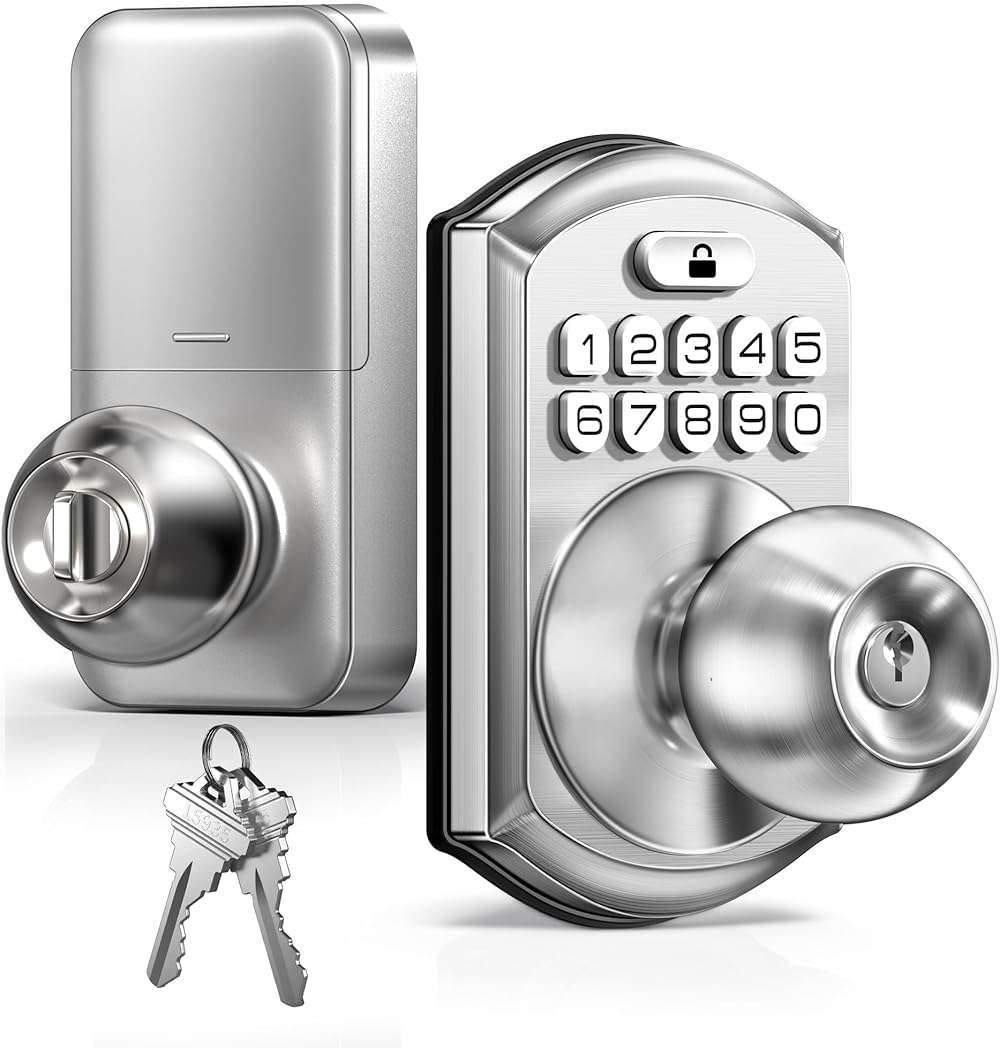 TEEHO TE003 Keyless Entry Keypad Door Lock with Handle, Electronic Digital Smart Locks for Front Door, Smart Door Knob with Code for Bedroom, Auto Lock, Passage Mode, Easy to Install, Satin Nickel - Image 1