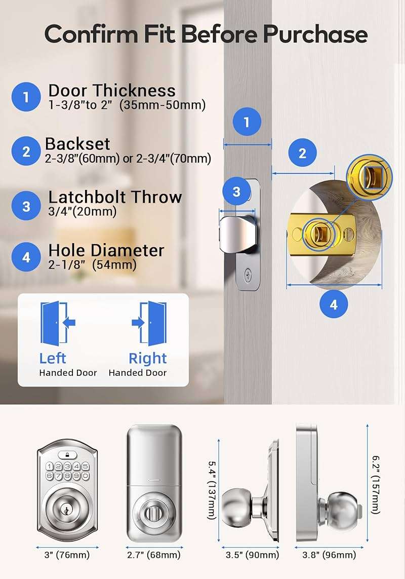TEEHO TE003 Keyless Entry Keypad Door Lock with Handle, Electronic Digital Smart Locks for Front Door, Smart Door Knob with Code for Bedroom, Auto Lock, Passage Mode, Easy to Install, Satin Nickel - Image 2