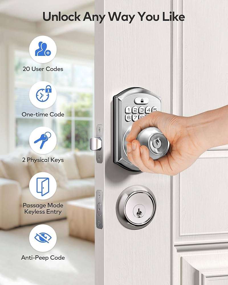TEEHO TE003 Keyless Entry Keypad Door Lock with Handle, Electronic Digital Smart Locks for Front Door, Smart Door Knob with Code for Bedroom, Auto Lock, Passage Mode, Easy to Install, Satin Nickel - Image 3