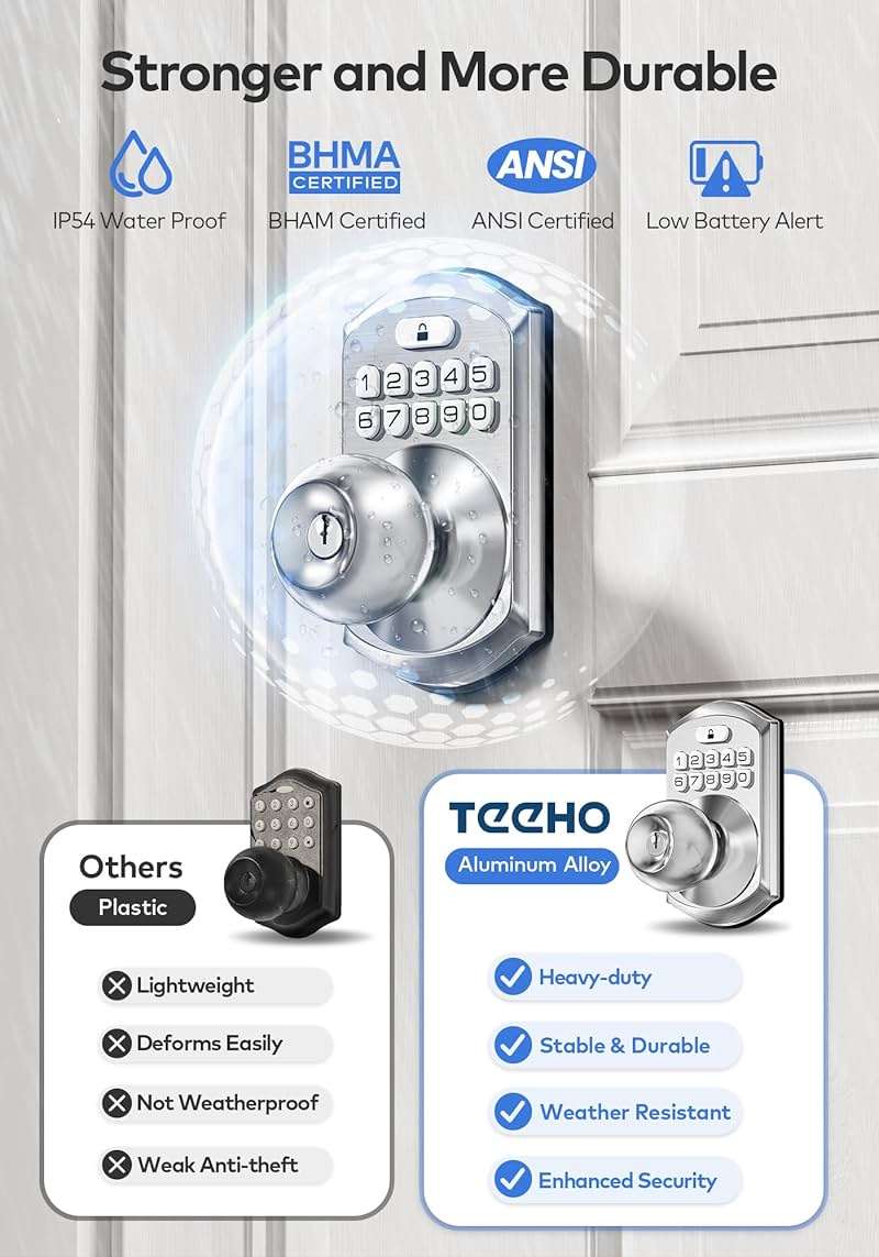 TEEHO TE003 Keyless Entry Keypad Door Lock with Handle, Electronic Digital Smart Locks for Front Door, Smart Door Knob with Code for Bedroom, Auto Lock, Passage Mode, Easy to Install, Satin Nickel - Image 6