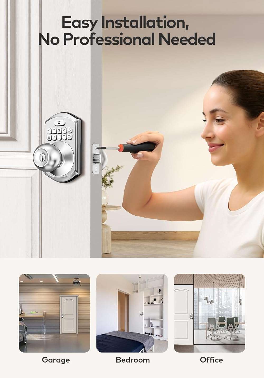 TEEHO TE003 Keyless Entry Keypad Door Lock with Handle, Electronic Digital Smart Locks for Front Door, Smart Door Knob with Code for Bedroom, Auto Lock, Passage Mode, Easy to Install, Satin Nickel - Image 9