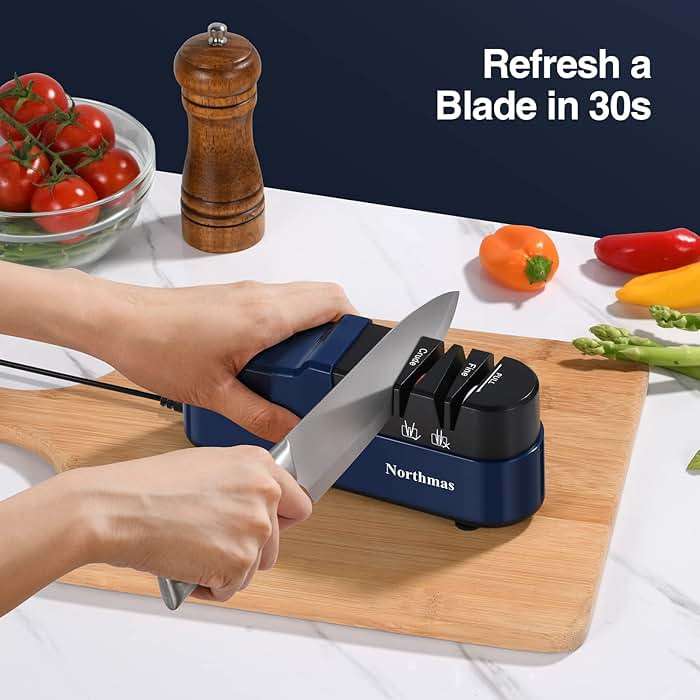 Northmas Knife Sharpener, Professional Electric Knife Sharpener for Home Use, 2 Stages for Quick Sharpening & Polishing, 100V-240V Global Voltage Design, Blue - Image 4