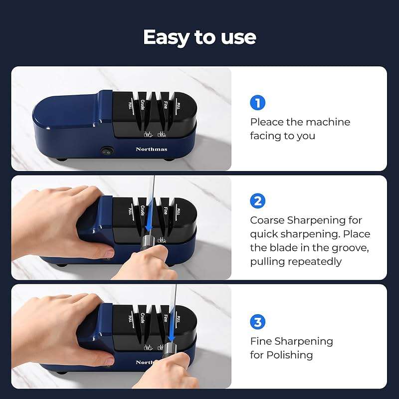 Northmas Knife Sharpener, Professional Electric Knife Sharpener for Home Use, 2 Stages for Quick Sharpening & Polishing, 100V-240V Global Voltage Design, Blue - Image 6
