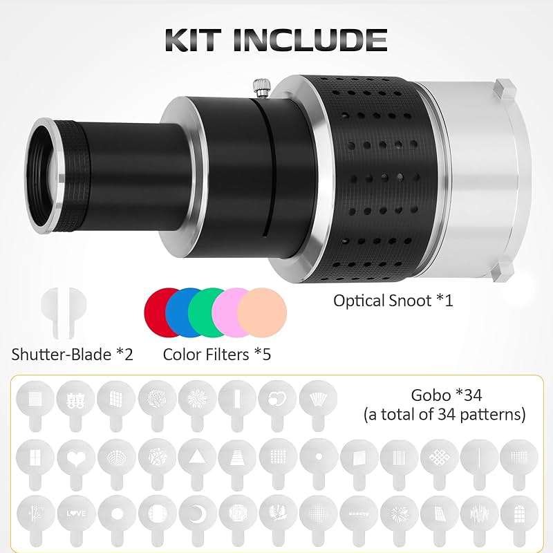 Bowens Mount Spotlight Conical Optical Snoot kit, Photography Studio Lighting Accessory with 34 Gobos & 5 Color Filters Compatible for Aputure Amaran Godox Neewer LED Video Speedlite Light - Image 9