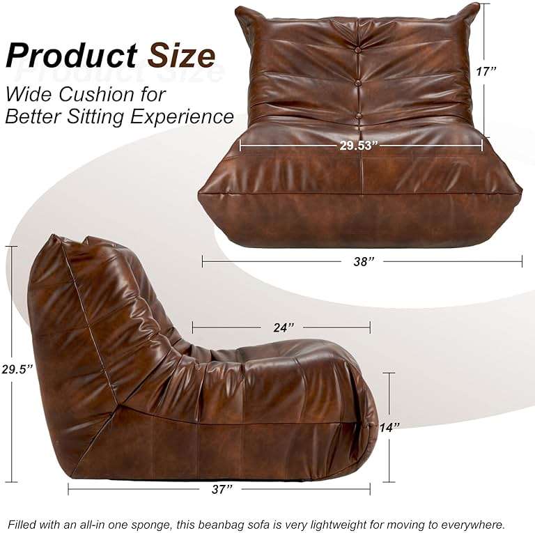 Hobestluk Giant Bean Bag Chair Lazy Floor Sofa, Memory Foam Fireside Sofa for Adults, Big Beanbag Faux Leather Armless Chair for Living Room Bedroom Dorm Office (Brown, Single) - Image 2