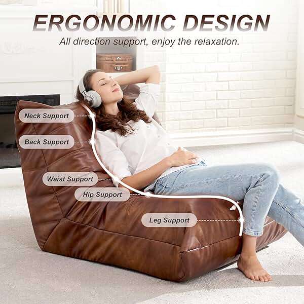 Hobestluk Giant Bean Bag Chair Lazy Floor Sofa, Memory Foam Fireside Sofa for Adults, Big Beanbag Faux Leather Armless Chair for Living Room Bedroom Dorm Office (Brown, Single) - Image 4