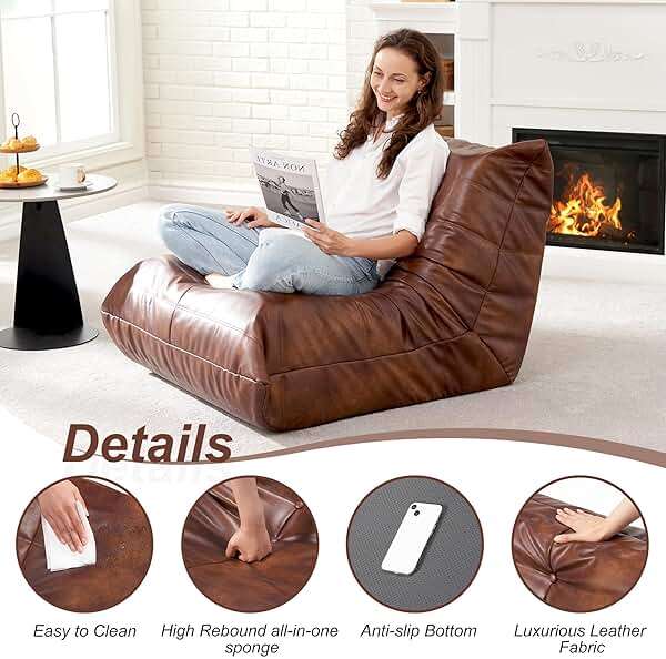 Hobestluk Giant Bean Bag Chair Lazy Floor Sofa, Memory Foam Fireside Sofa for Adults, Big Beanbag Faux Leather Armless Chair for Living Room Bedroom Dorm Office (Brown, Single) - Image 6