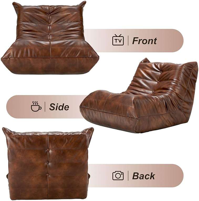 Hobestluk Giant Bean Bag Chair Lazy Floor Sofa, Memory Foam Fireside Sofa for Adults, Big Beanbag Faux Leather Armless Chair for Living Room Bedroom Dorm Office (Brown, Single) - Image 8