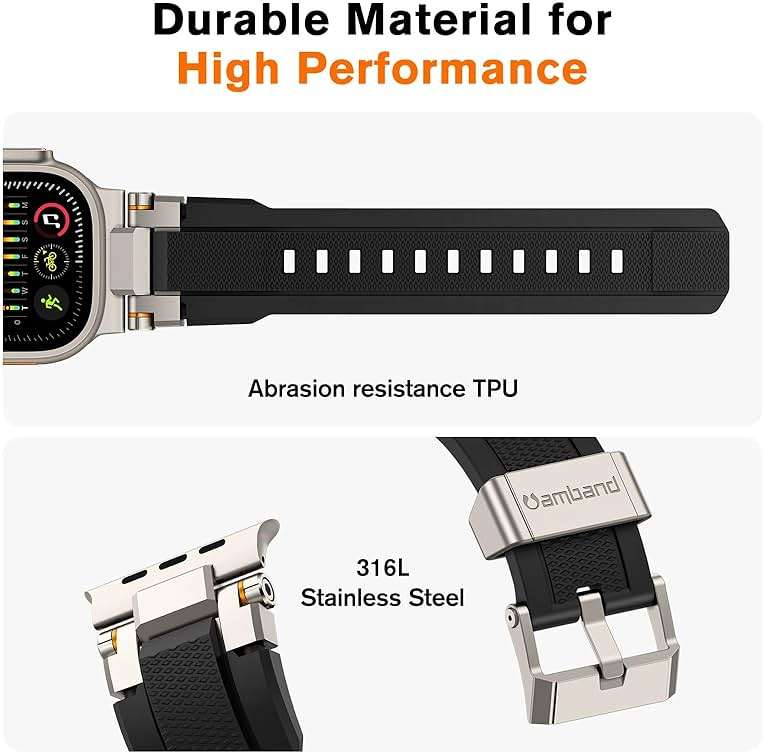 amBand Bands Compatible with Apple Watch Ultra 3/2/1 49mm, M1 Sport Series Rugged Durable Strap with Metal Connector to Match Ultra's Titanium Case for iWatch 49mm Men Titanium/Black - Image 3
