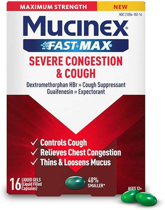 Mucinex Fast-Max Severe Congestion & Cough, Maximum Strength Dextromethorphan HBr Cough Medicine for Adults, Guaifenesin Expectorant for Excess Mucus Relief, 16 Liquid Gels - Image 1