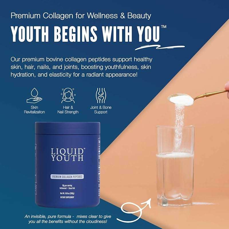 LIQUID YOUTH Collagen Peptides Powder for Women & Men - Type I & III Premium Grass-fed Bovine, Hydrolyzed Collagen, Promotes Hair Growth, Skin, Nail, Bone & Joint Health - Unflavored, 30 Servings - Image 2