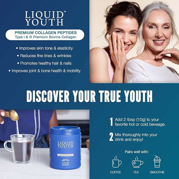 LIQUID YOUTH Collagen Peptides Powder for Women & Men - Type I & III Premium Grass-fed Bovine, Hydrolyzed Collagen, Promotes Hair Growth, Skin, Nail, Bone & Joint Health - Unflavored, 30 Servings - Image 3