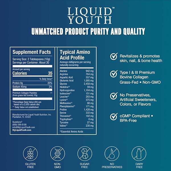 LIQUID YOUTH Collagen Peptides Powder for Women & Men - Type I & III Premium Grass-fed Bovine, Hydrolyzed Collagen, Promotes Hair Growth, Skin, Nail, Bone & Joint Health - Unflavored, 30 Servings - Image 5