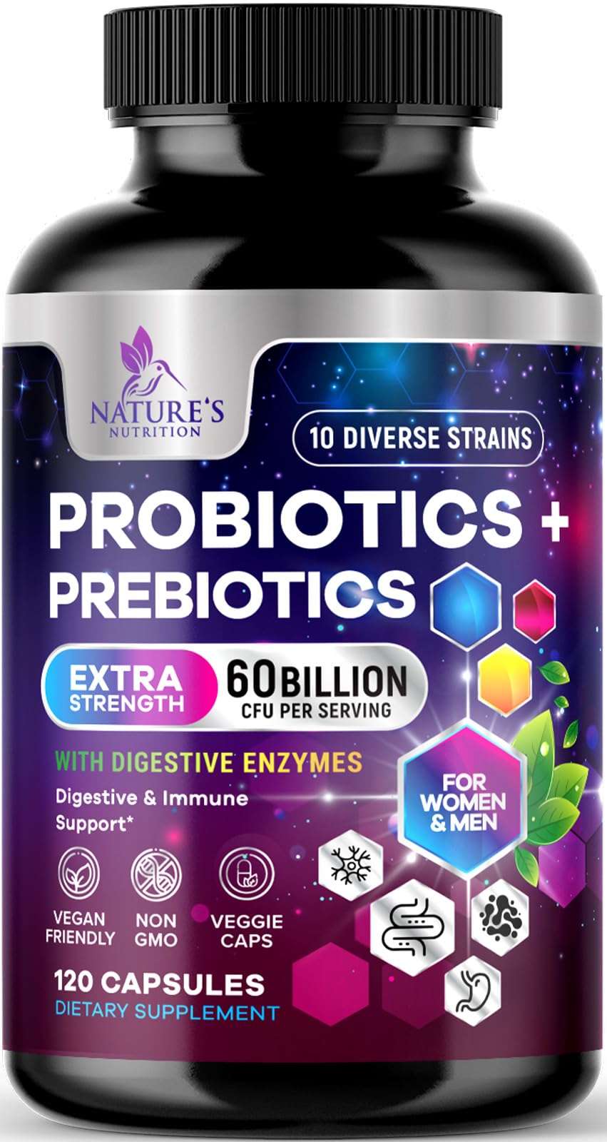 Probiotics 100 Billion CFU Per Serving - 10 Premium Strains + Prebiotics - Best Probiotic Supplement for Women & Men - Supports Immune, Digestive Health, Occasional Constipation & Gas - 120 Capsules - Image 1