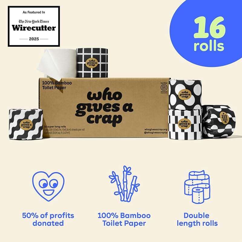 Who Gives A Crap 100% Bamboo Toilet Paper, 16 Rolls, 3 Ply, 330 Sheets, Long, Strong & Soft Toilet Tissue, Sustainable, Biodegradable, Renewable, Tree Free Bathroom Tissue Made with Bamboo Fibers - Image 2