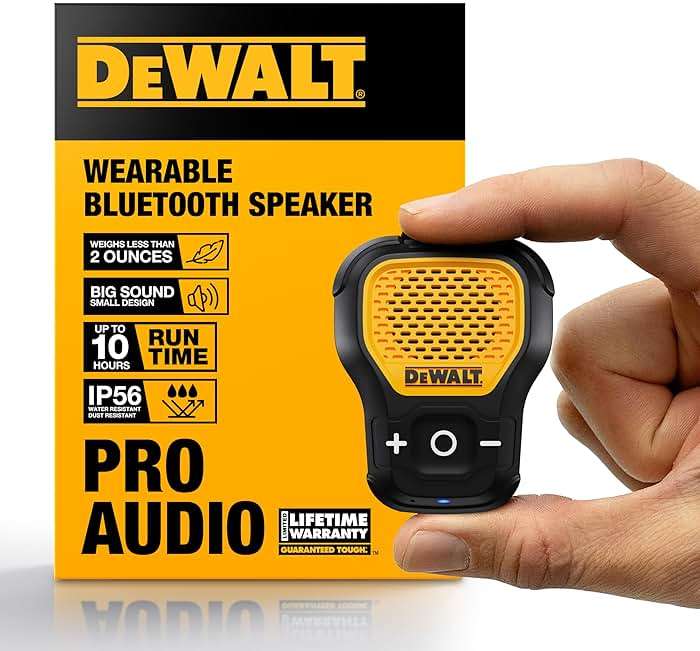 DEWALT Wearable Bluetooth Speaker, Clip-On Wireless Jobsite Pro Water-Resistant Portable Speaker (Non-Magnetic), Built-in Mic for Hands-Free Music/Calls, Bluetooth Speaker (Yellow) - Image 1