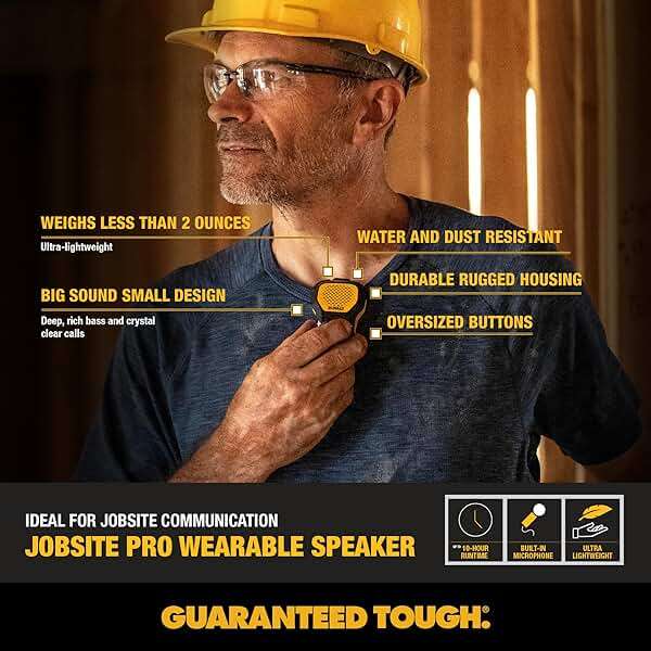 DEWALT Wearable Bluetooth Speaker, Clip-On Wireless Jobsite Pro Water-Resistant Portable Speaker (Non-Magnetic), Built-in Mic for Hands-Free Music/Calls, Bluetooth Speaker (Yellow) - Image 5