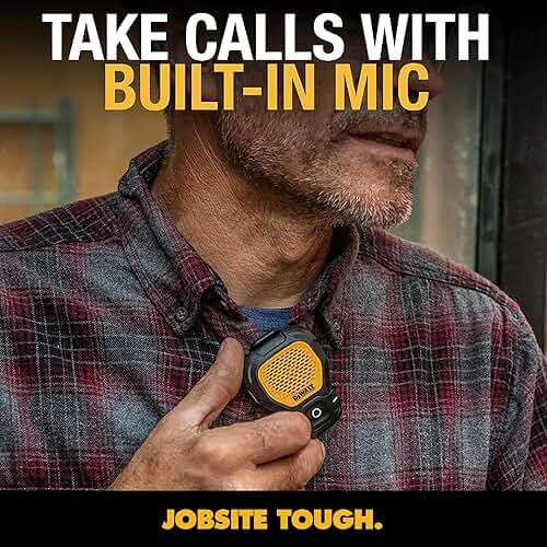 DEWALT Wearable Bluetooth Speaker, Clip-On Wireless Jobsite Pro Water-Resistant Portable Speaker (Non-Magnetic), Built-in Mic for Hands-Free Music/Calls, Bluetooth Speaker (Yellow) - Image 8