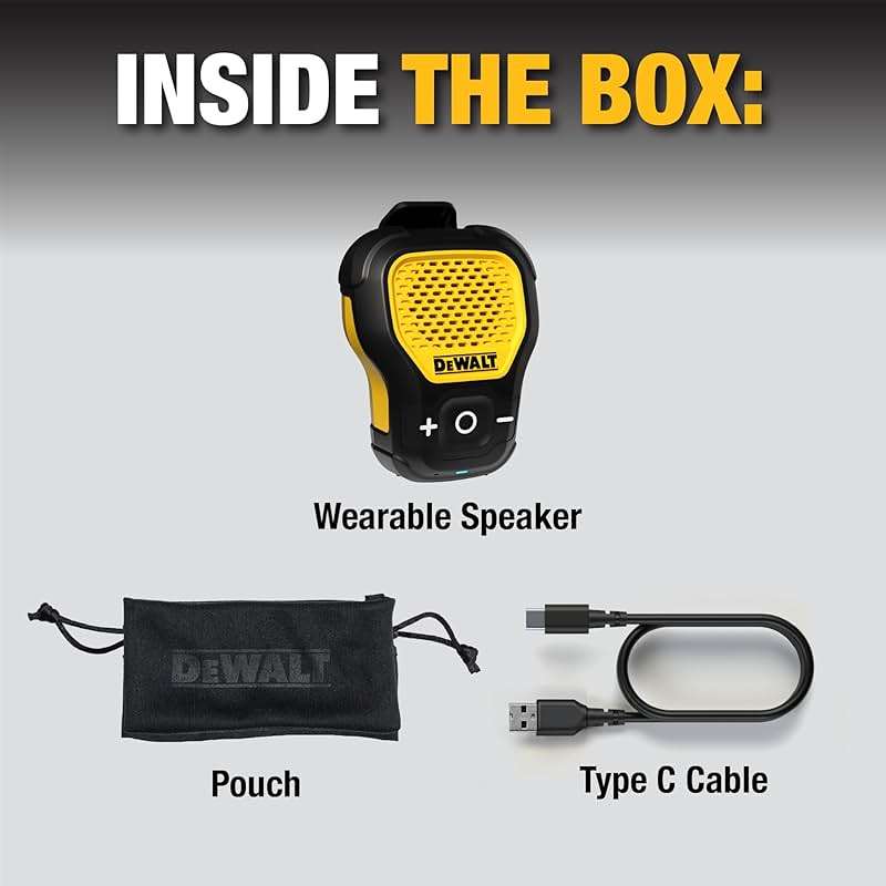 DEWALT Wearable Bluetooth Speaker, Clip-On Wireless Jobsite Pro Water-Resistant Portable Speaker (Non-Magnetic), Built-in Mic for Hands-Free Music/Calls, Bluetooth Speaker (Yellow) - Image 9