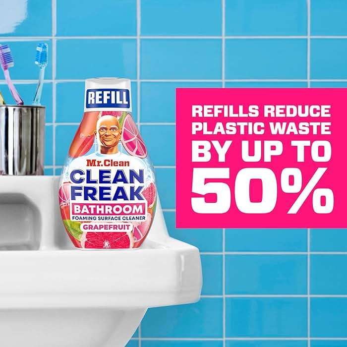 Mr. Clean Clean Freak Foaming Bathroom Surface Cleaner Multi-Surface Spray Starter Kit and Refill Bundle, Grapefruit Scent, 64 fl oz - Image 7