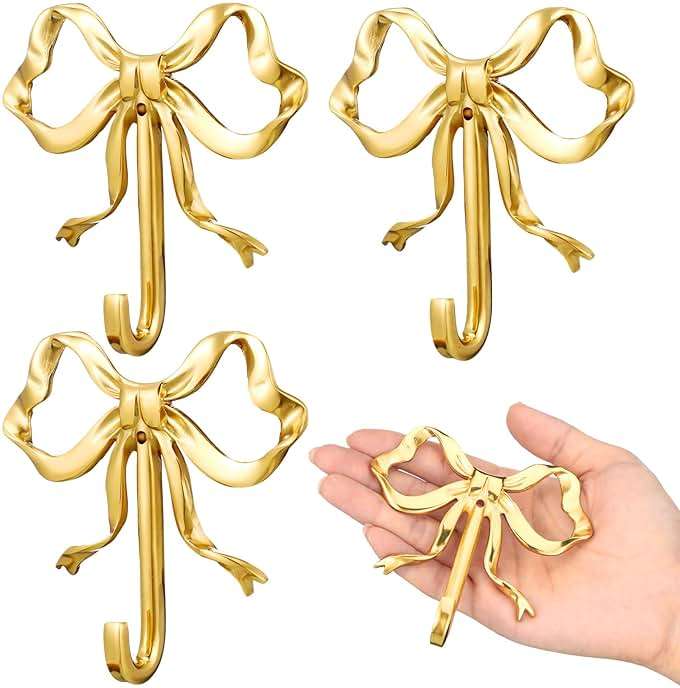 Lineshading 4 Pcs Gold Bow Wall Hooks Brass Coquette Bow Hooks for Coats Hats Bags Bath Towels Robes Vintage Room Decor Office Kitchen Hallway Bathroom Nursery Decorations (L) - Image 1